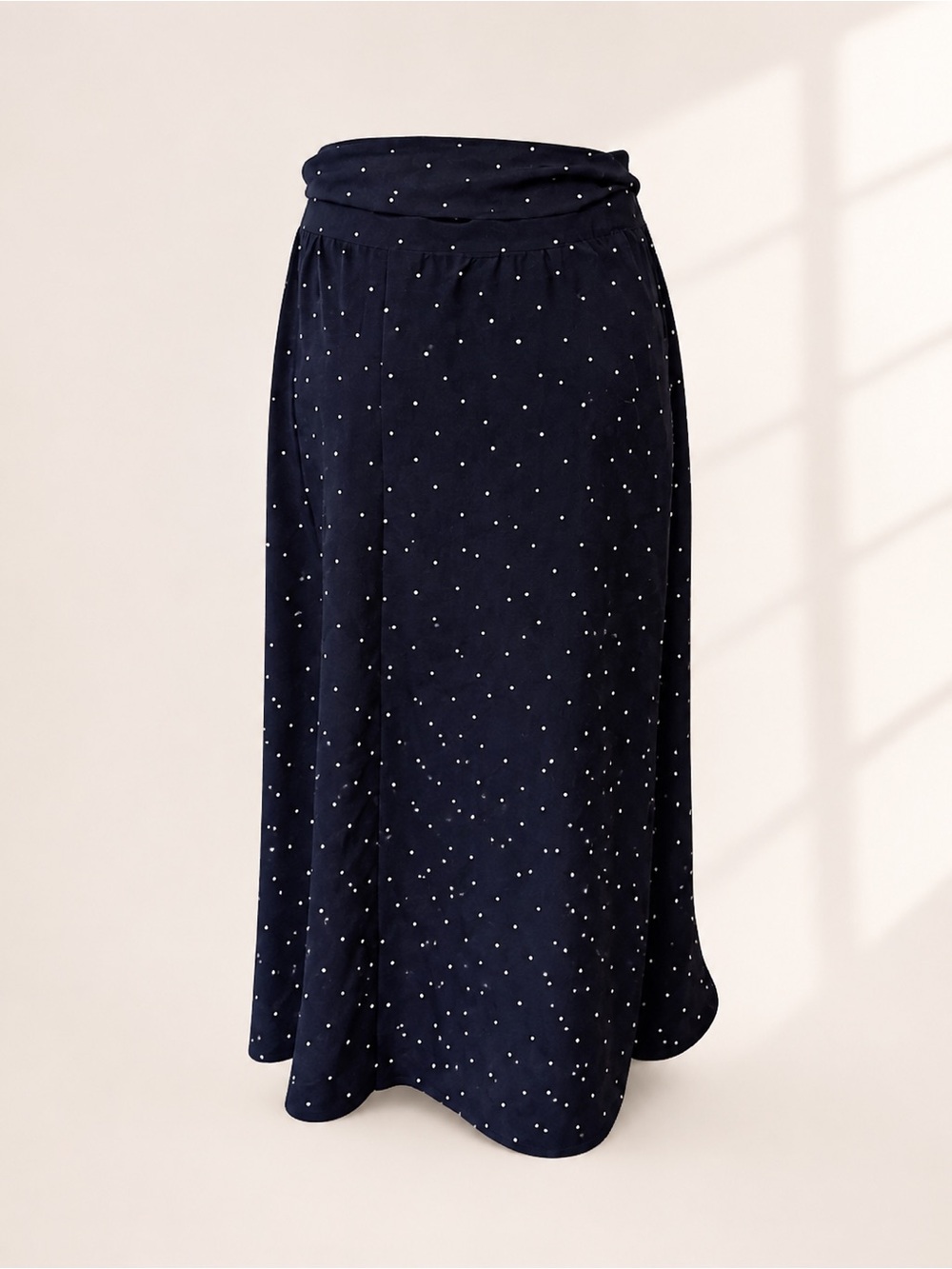 Ann Taylor LOFT 4P Petite Navy Blue Polka Dot Midi Skirt A-Line Career Work